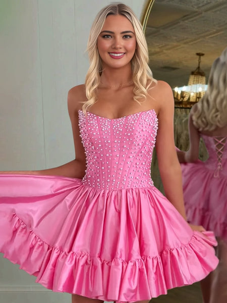 Pink Strapless A Line Satin Ruffles Homecoming Dresses With Pearls