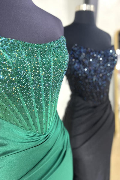 Cute Mermaid Scoop Neck Satin Beaded Long Prom Dress With Slit
