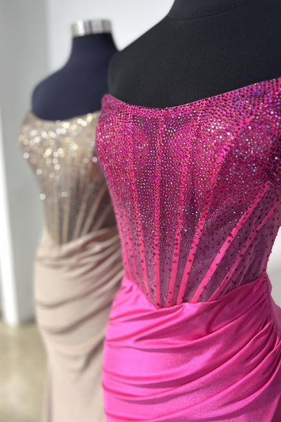 Cute Mermaid Scoop Neck Satin Beaded Long Prom Dress With Slit