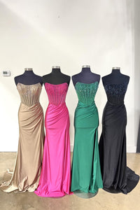 Cute Mermaid Scoop Neck Satin Beaded Long Prom Dress With Slit