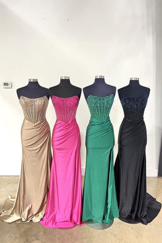 Cute Mermaid Scoop Neck Satin Beaded Long Prom Dress With Slit