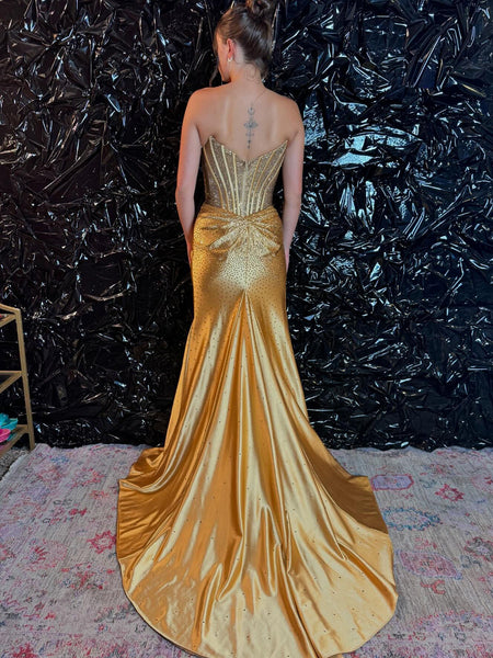 Fashion  Mermaid Scoop Neck Gold Satin Hot Stone Beading Prom Dresses with Slit