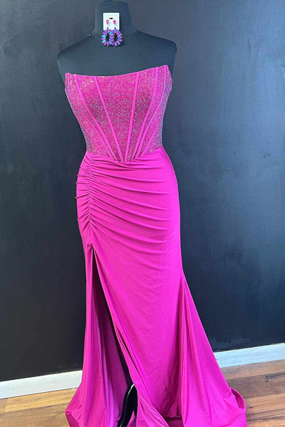 Fashion Mermaid Strapless Black Satin Slit Prom Dresses With Beading