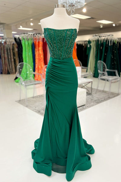 Fashion Mermaid Strapless Black Satin Slit Prom Dresses With Beading