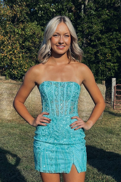 Strapless Blue Appliques Short Dress with Slit