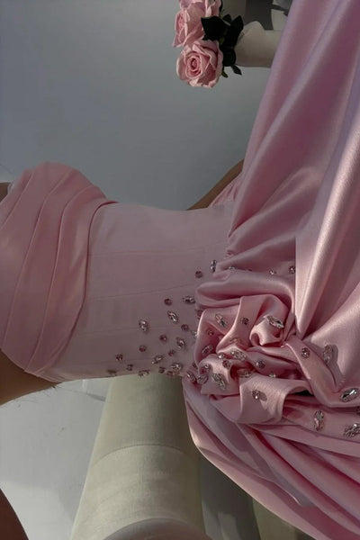 Pink Strapless Satin Beaded A Line Prom Dresses With Slit