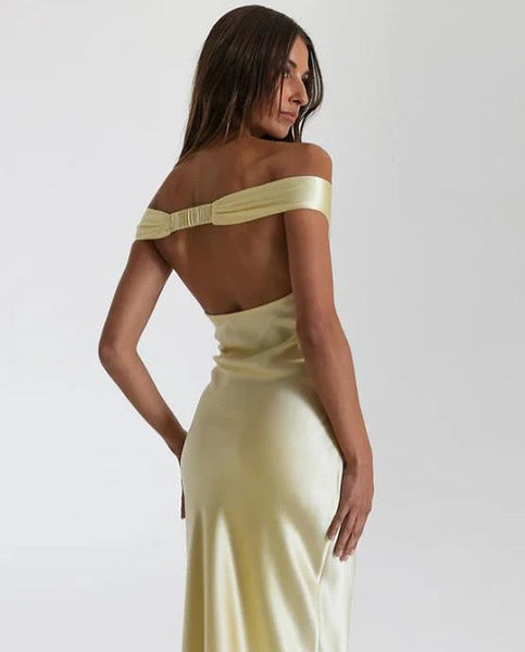 V-Neck Off-Shoulder Satin Fitted Long Party Prom Dress
