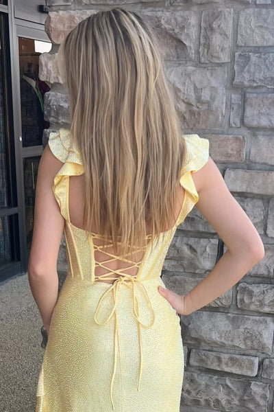 Mermaid Yellow Spaghetti Straps Satin Beaded Long Prom Dress