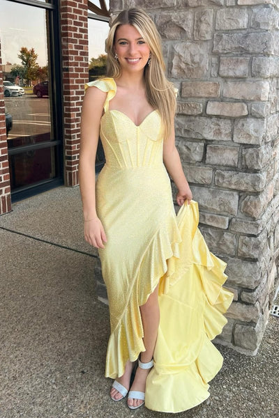 Mermaid Yellow Spaghetti Straps Satin Beaded Long Prom Dress