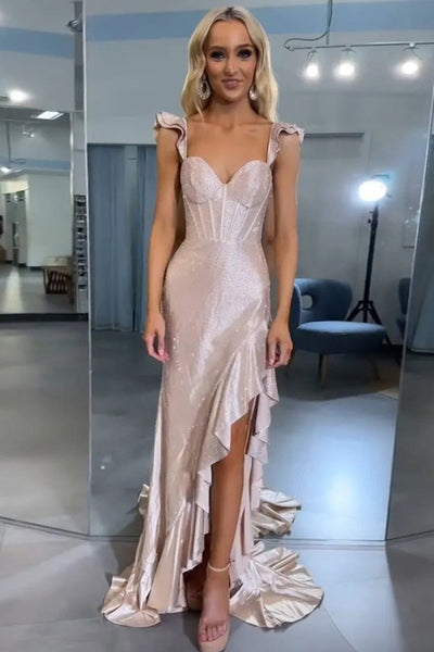Mermaid Yellow Spaghetti Straps Satin Beaded Long Prom Dress