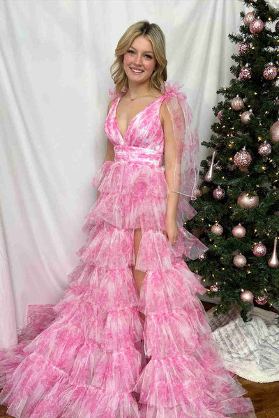 Fairy A Line V-Neck Coral Floral Print Layered Tulle Long Prom Dress with Slit