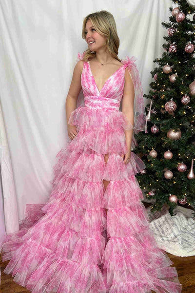 Fairy A Line V-Neck Coral Floral Print Layered Tulle Long Prom Dress with Slit