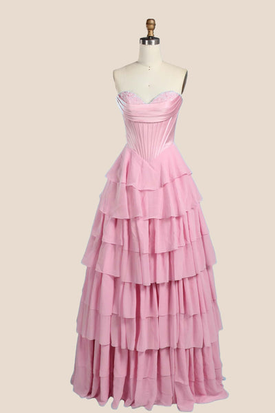 Pink Corset Chiffon Tiered Formal Prom Gown