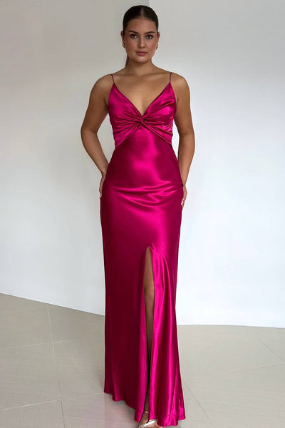 Stylish Sheath Spaghetti Straps Red Long Party Dress with Split Front Keyhole