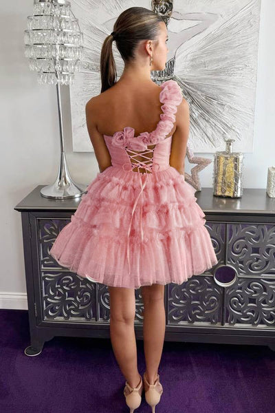 Princess Yellow One Shoulder Knotted Ruffle Short Party Dress