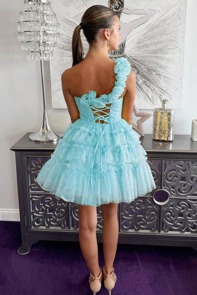 Princess Yellow One Shoulder Knotted Ruffle Short Party Dress