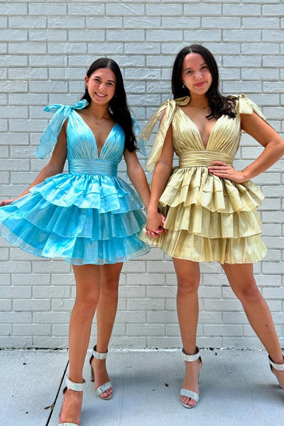 Plunge Neck Fuchsia Ruffle Tiered Short Dress