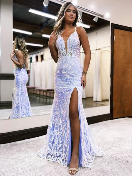 Mermaid Spaghetti Straps Blue Sequins Lace Long Prom Dresses with Slit