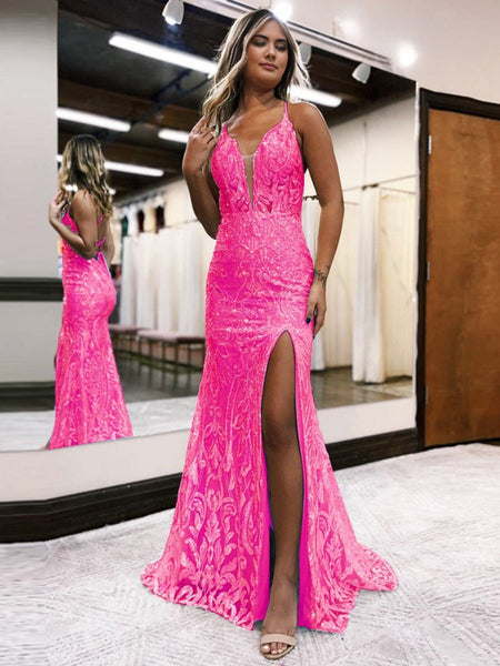 Mermaid Spaghetti Straps Blue Sequins Lace Long Prom Dresses with Slit