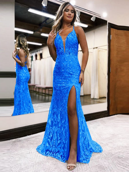 Mermaid Spaghetti Straps Blue Sequins Lace Long Prom Dresses with Slit