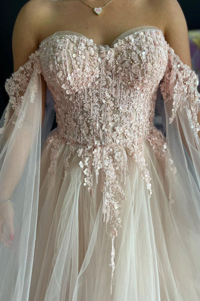 Fairy A Line Blush Pink Tulle Off-the-Shoulder Prom Gown with Appliques