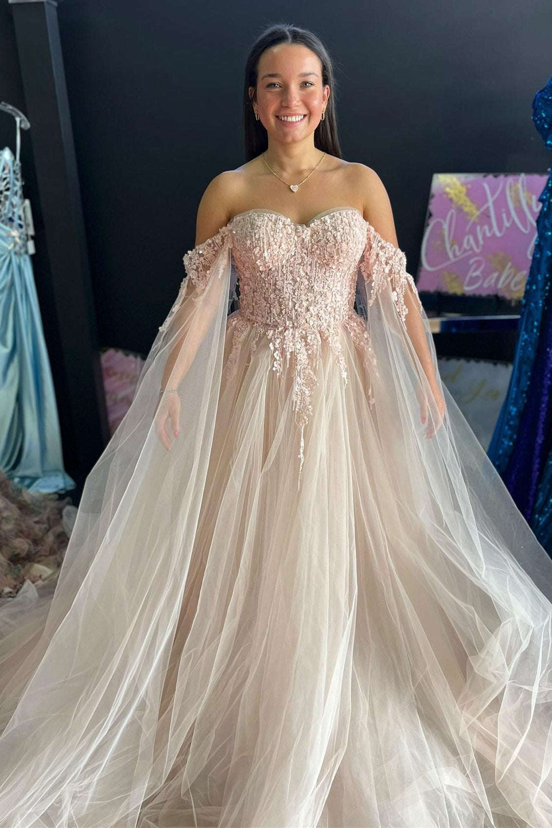 Fairy A Line Blush Pink Tulle Off-the-Shoulder Prom Gown with Appliques