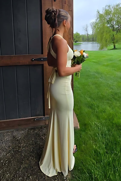 Pink Halter Mermaid Pleated Open Back Long Prom Dresses