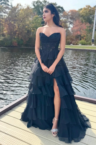 Black - Sweetheart A Line Chiffon Ruffled Prom Dresses With Appliques