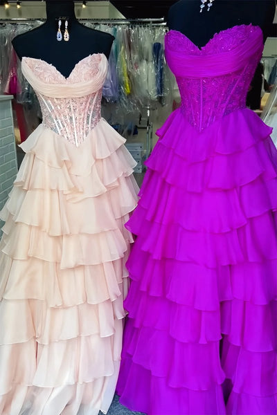 Magenta - Strapless A Line Chiffon Ruffled Prom Dresses With Appliques