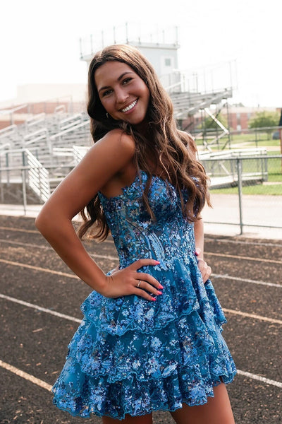 Straps Lavender Sequin Ruffle Short Dress
