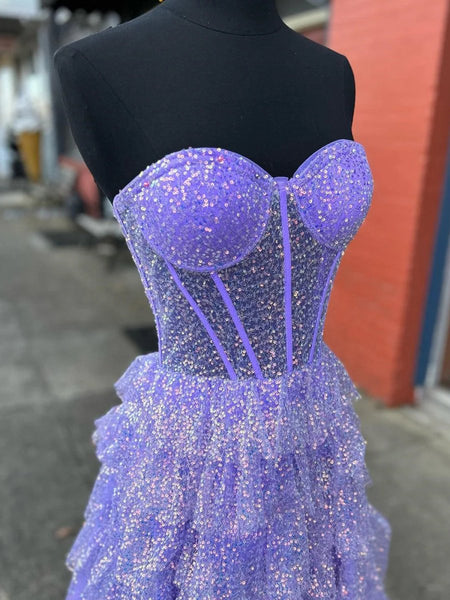Lavender A-Line Sweetheart Sequins Long Prom Dresses With Split