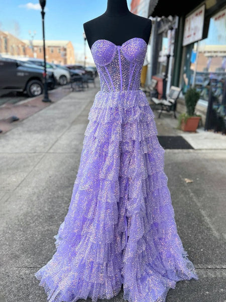 Lavender A-Line Sweetheart Sequins Long Prom Dresses With Split