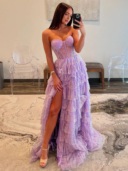 Lavender A-Line Sweetheart Sequins Long Prom Dresses With Split
