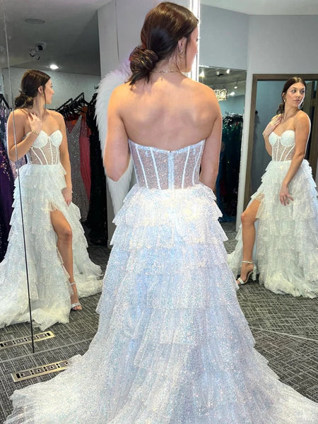 Lavender A-Line Sweetheart Sequins Long Prom Dresses With Split