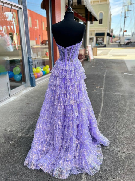 Lavender A-Line Sweetheart Sequins Long Prom Dresses With Split