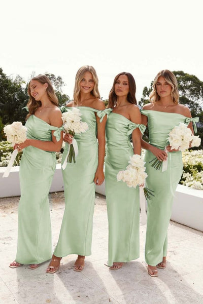 Chic Mermaid Off-ShoulderLight Blue Silk Satin Long Bridesmaid Dress