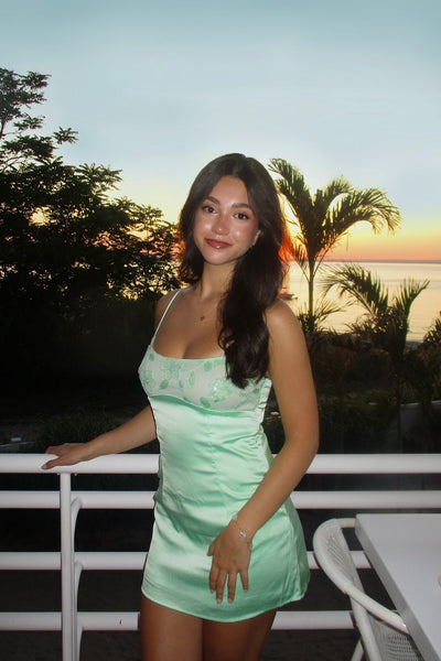 Square Neck Sage Green Floral Beaded Short Dress