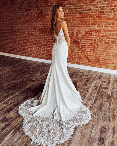 Mermaid Satin Lace Wedding Dresses Boho Appliqued Bride Wedding Gowns