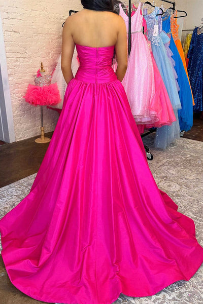Cute A Line Strapless Fuchsia Satin Prom Gown Dresss with Beading
