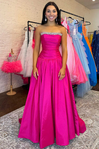 Cute A Line Strapless Fuchsia Satin Prom Gown Dresss with Beading