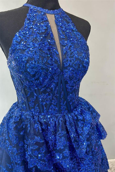 Cute A Line Halter Royal Blue Tiered Tulle Prom Dresses with Appliques