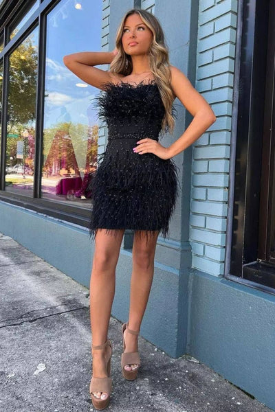 Sheath Strapless Hot Pink Feathers Short Homecoming Dress with Beaded Belt