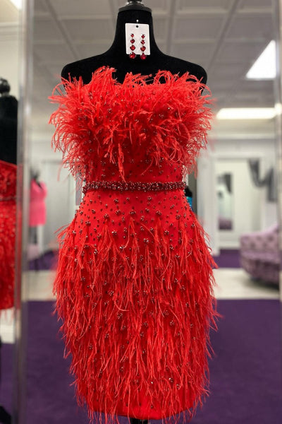 Sheath Strapless Hot Pink Feathers Short Homecoming Dress with Beaded Belt