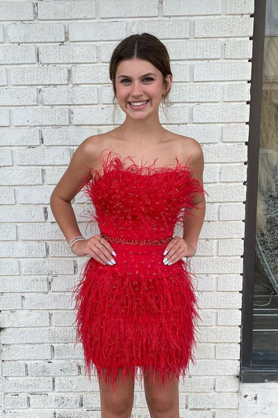 Sheath Strapless Hot Pink Feathers Short Homecoming Dress with Beaded Belt