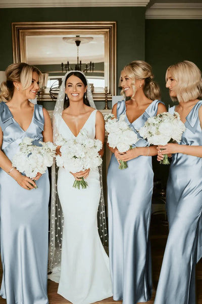 Sheath V Neck Sage Green Silk Satin Bridesmaid Dress with Bow