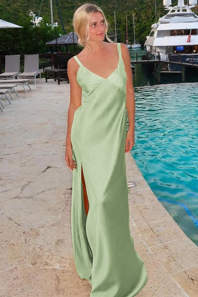 Sheath V-Neck Tie-Back Maxi Dress with Slit in Yellow