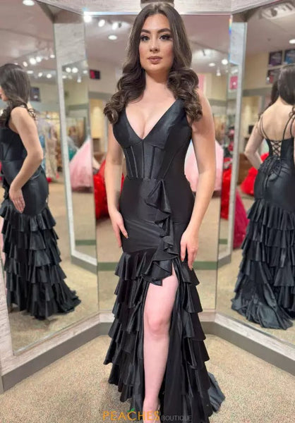 Satin Ruffles Mermaid Prom Dresses Long with Slit Sexy V Neck Evening Dresses