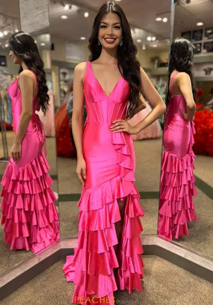 Satin Ruffles Mermaid Prom Dresses Long with Slit Sexy V Neck Evening Dresses