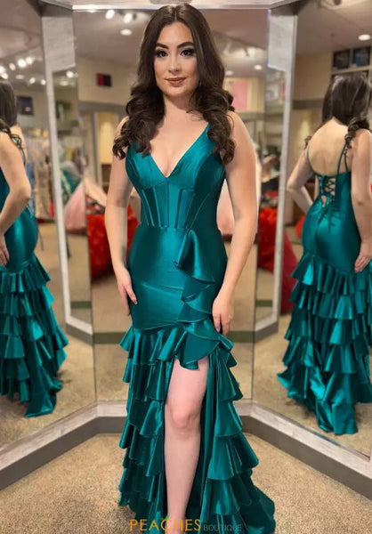Satin Ruffles Mermaid Prom Dresses Long with Slit Sexy V Neck Evening Dresses