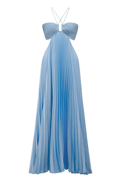 Sky Blue Halter Pleated Satin A Line Prom Dresses With Cutout